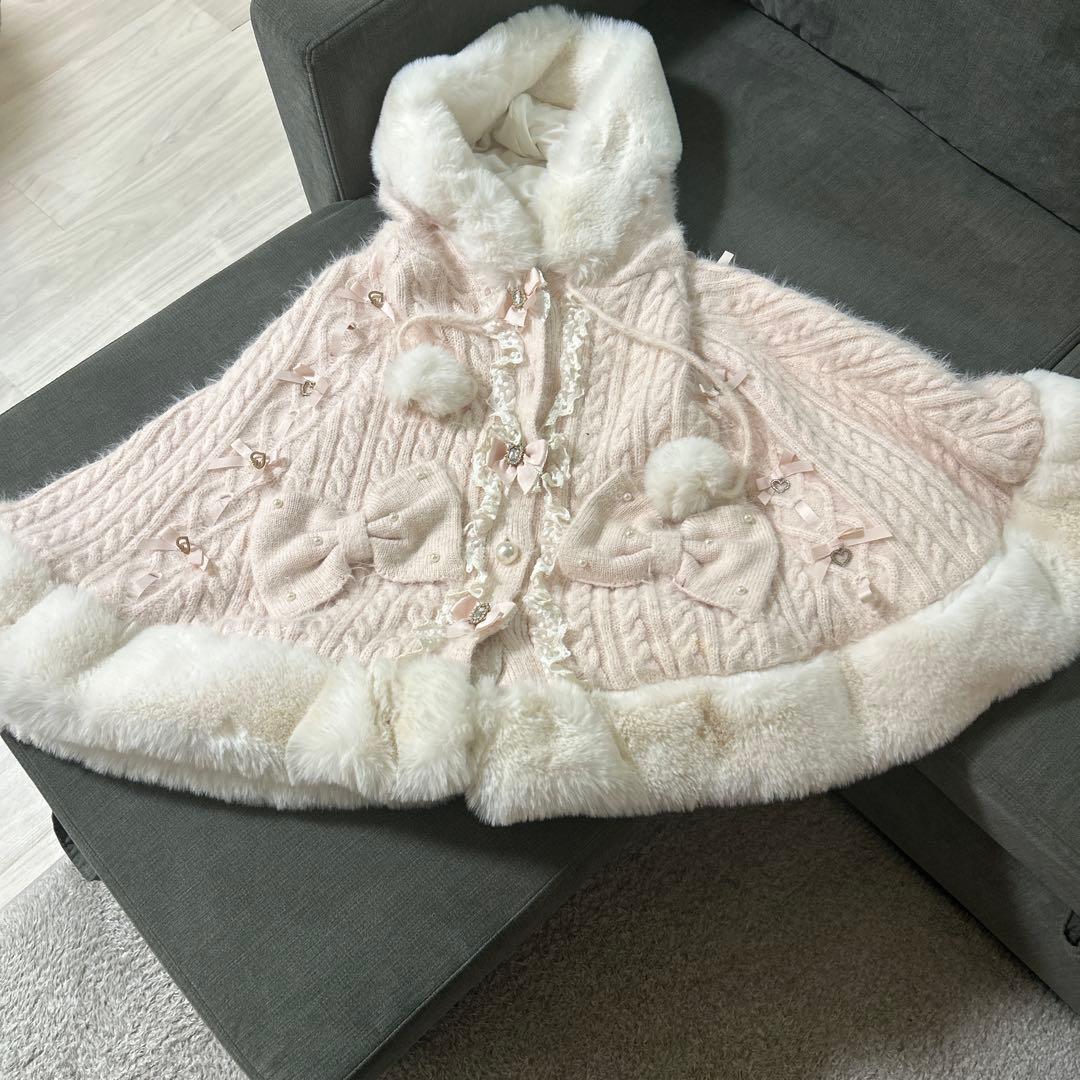 LIZLISA ポンポンリボンニットファーポンチョ　ピンク