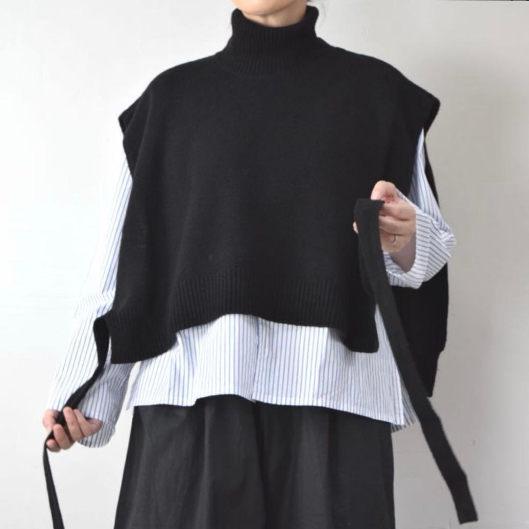 美品✨ veritecoeur ニットポンチョ 黒 F タートル サイド紐ベルト