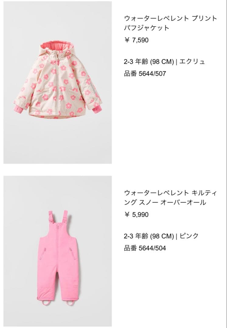 ZARA 花柄 スキーウェア 2-3歳用　上下セット