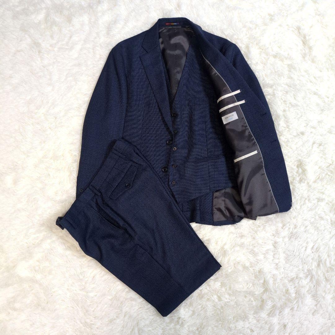 オリヒカ　スーツ　スリーピース　ベスト　チェック　ネイビー　AB6