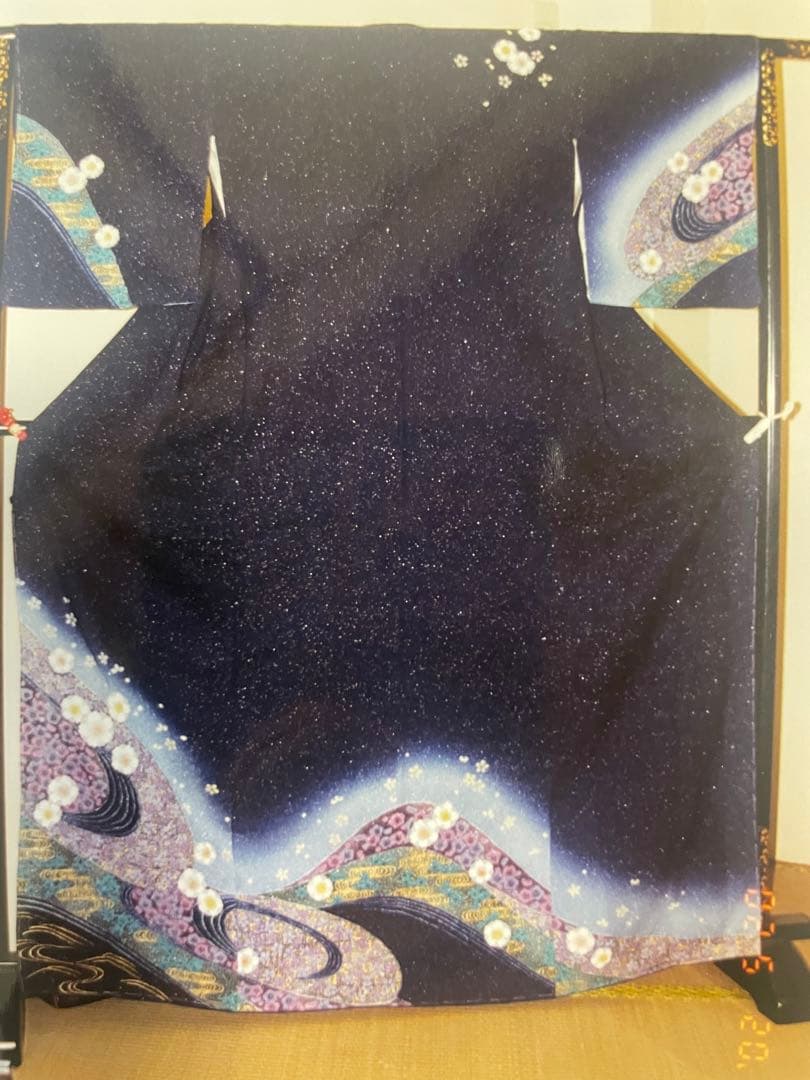 紺地金通し訪問着　正絹　手縫い