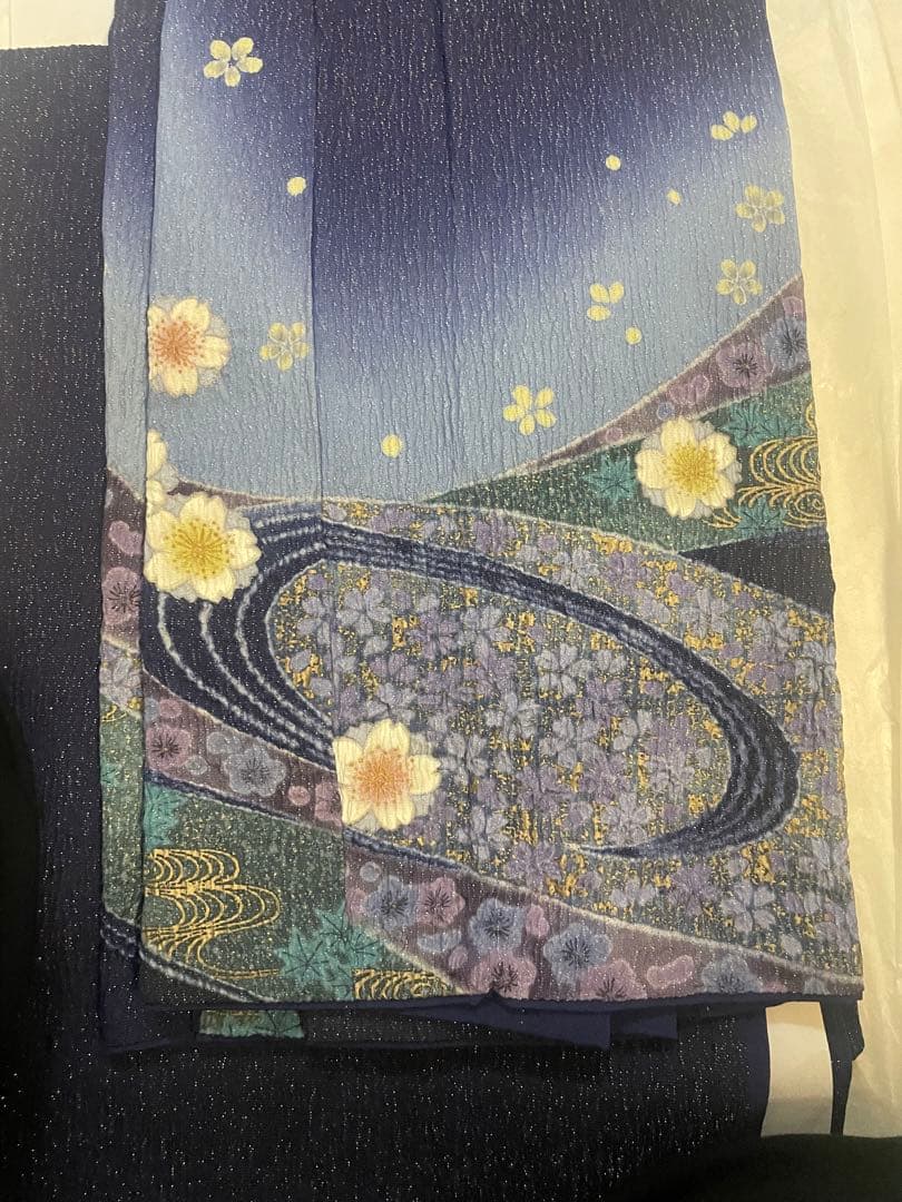 紺地金通し訪問着　正絹　手縫い
