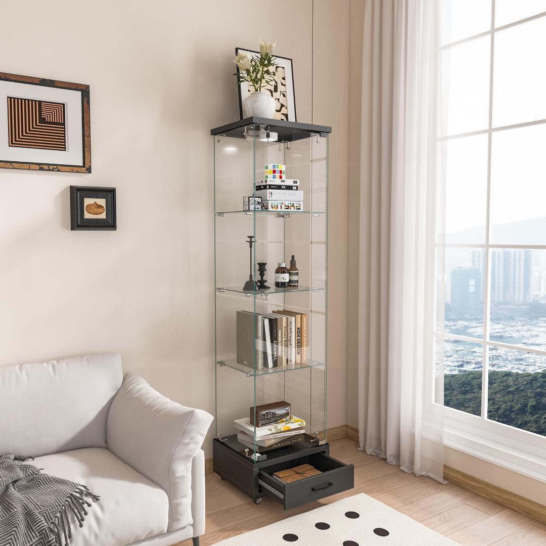 LED照明＆引き出し付き ガラスディスプレイキャビネット 鍵付き強化ガラス収納