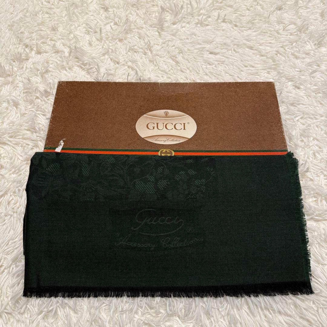 【箱付 美品】GUCCI マフラー ストール レディース シルク30% 濃緑