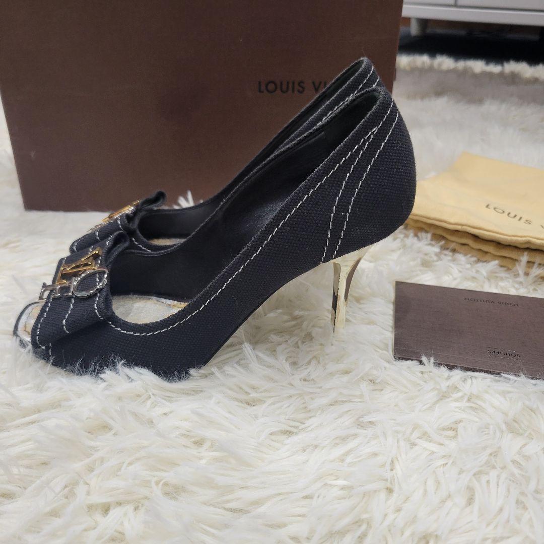 ルイヴィトン　ロゴ　パンプス　サンダル　ブラック　ミュール　リボン