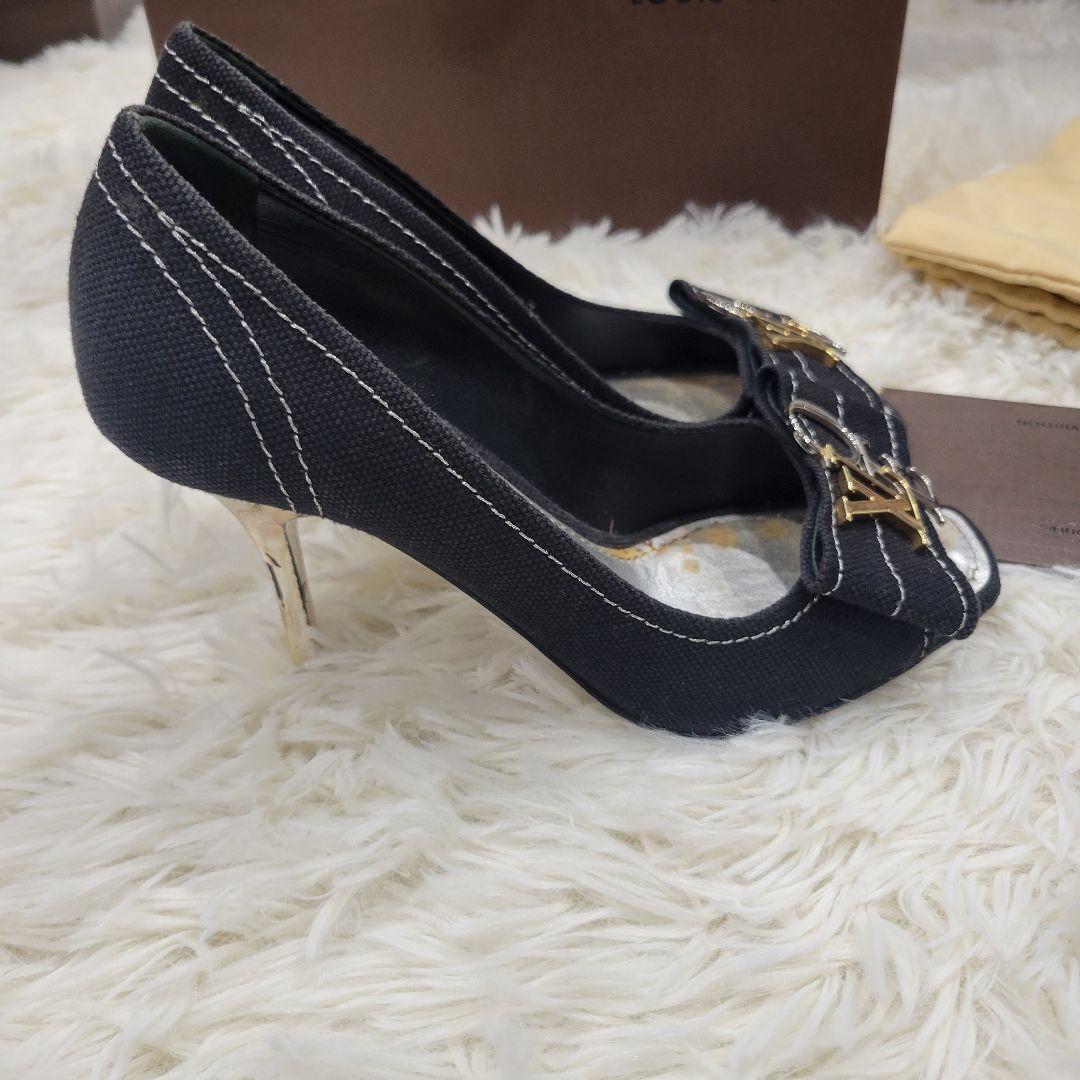 ルイヴィトン　ロゴ　パンプス　サンダル　ブラック　ミュール　リボン