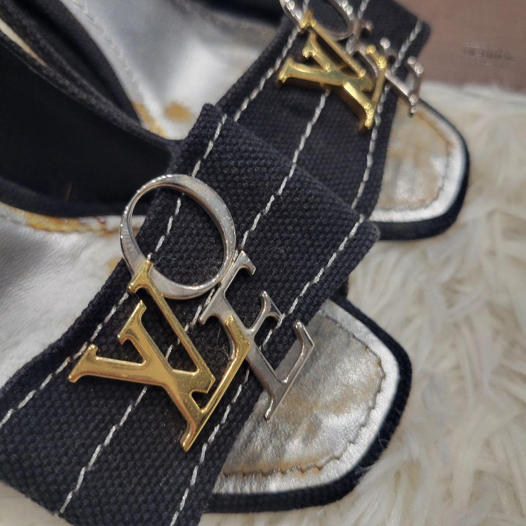 ルイヴィトン　ロゴ　パンプス　サンダル　ブラック　ミュール　リボン