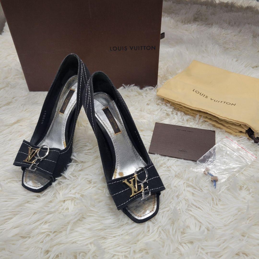 ルイヴィトン　ロゴ　パンプス　サンダル　ブラック　ミュール　リボン