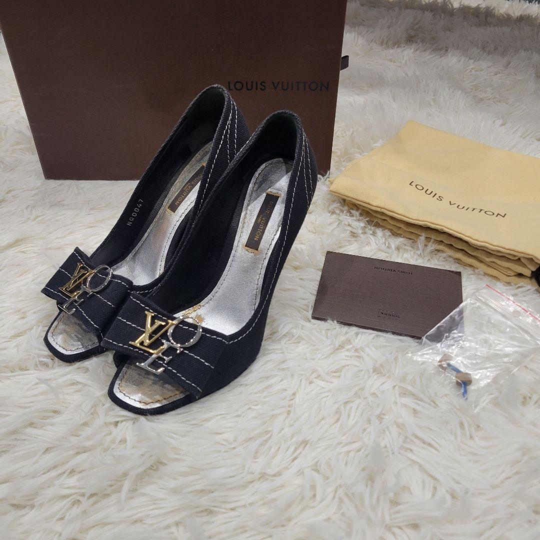 ルイヴィトン　ロゴ　パンプス　サンダル　ブラック　ミュール　リボン