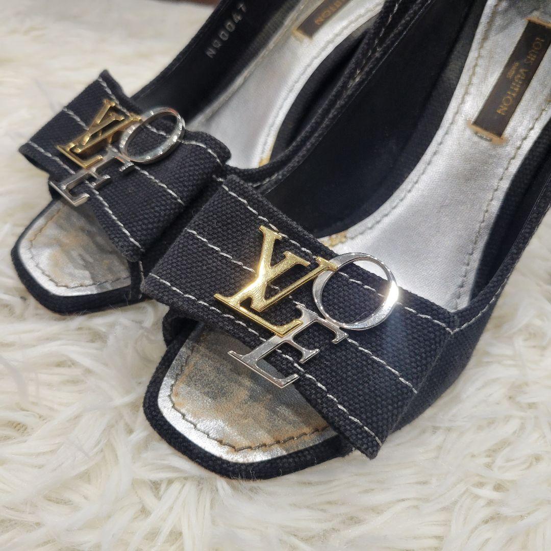 ルイヴィトン　ロゴ　パンプス　サンダル　ブラック　ミュール　リボン