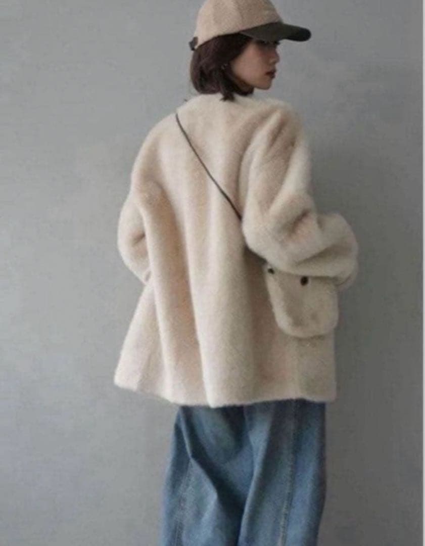 バッグ付エコファーノーカラーコート ベージュ/ lumierリュミエ 同型