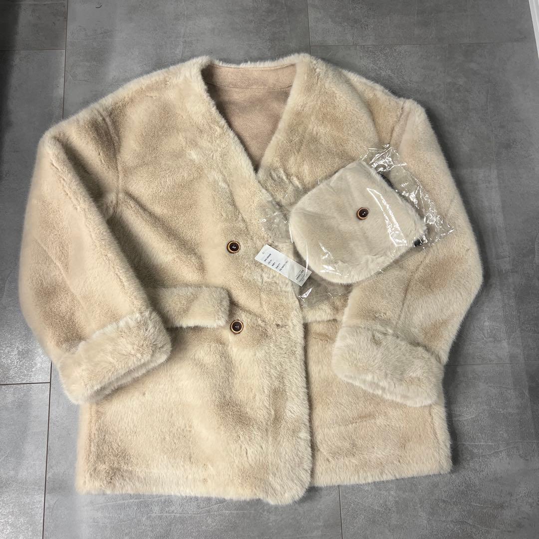 バッグ付エコファーノーカラーコート ベージュ/ lumierリュミエ 同型