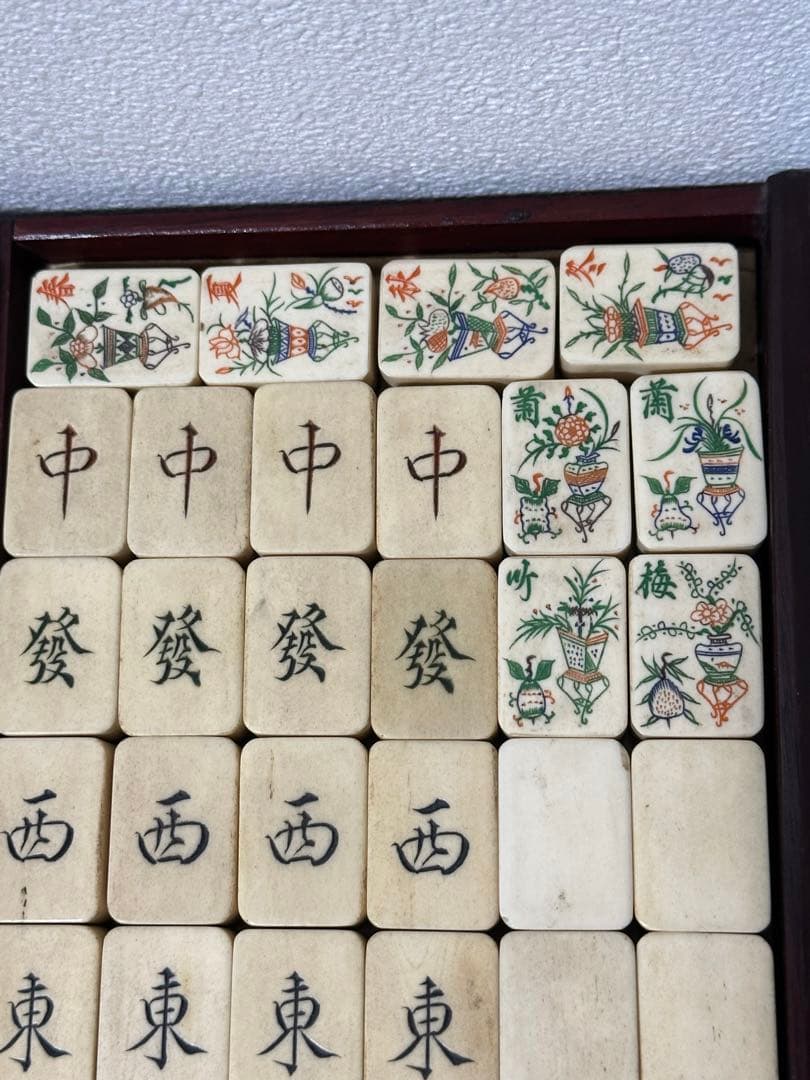 時代 骨製背竹牌 麻雀牌 欠牌無し 花牌 季節牌 草木牌 旧式点棒 古点棒 唐物