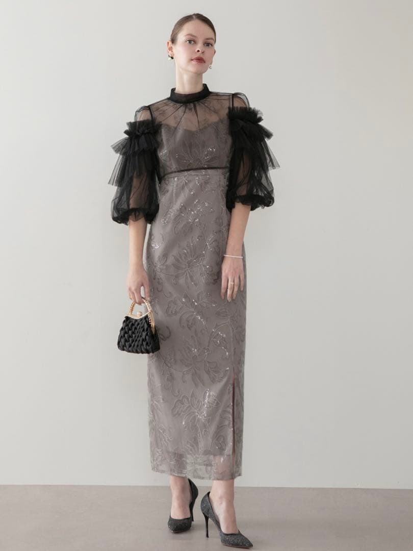 フリルチュールスパンコールフローラルIラインワンピースドレス結婚式二次会成人式