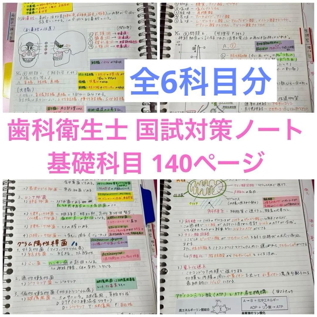 【全国1桁・首席ノート】歯科衛生士国試 基礎6科目セット（計140ページ）