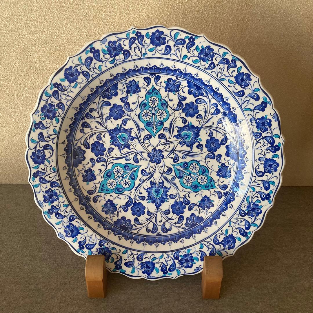 1 直径41cm トルコ　キュタヒア　キュタフア　絵皿　飾皿　壁掛　輪花　化粧箱