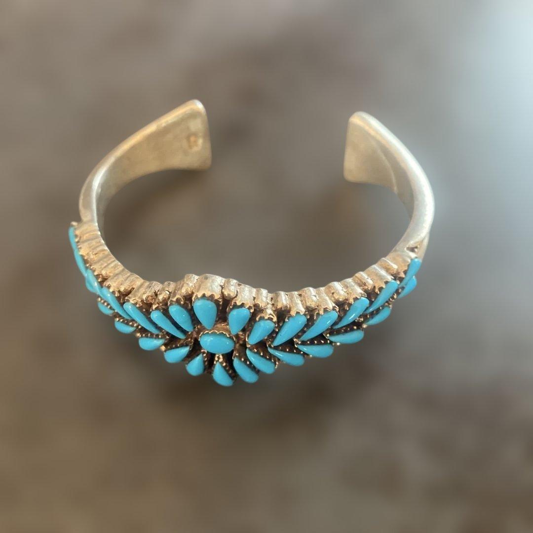 シルバー926ターコイズ フラワーモチーフ バングル インディアンジュエリー