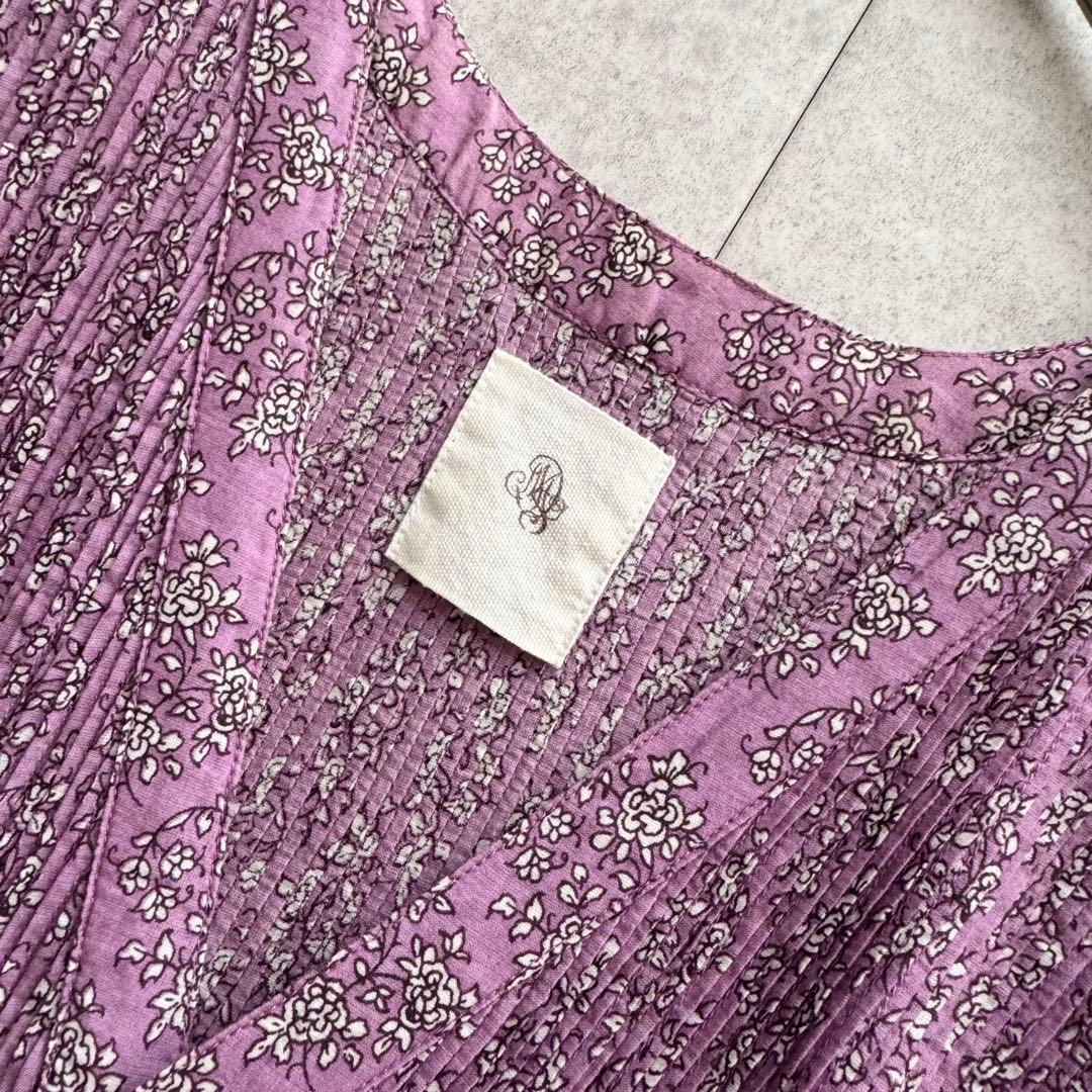 メゾンドソイル　ロングワンピース　ピンタック　花柄　2　Vネック　紫　インド製