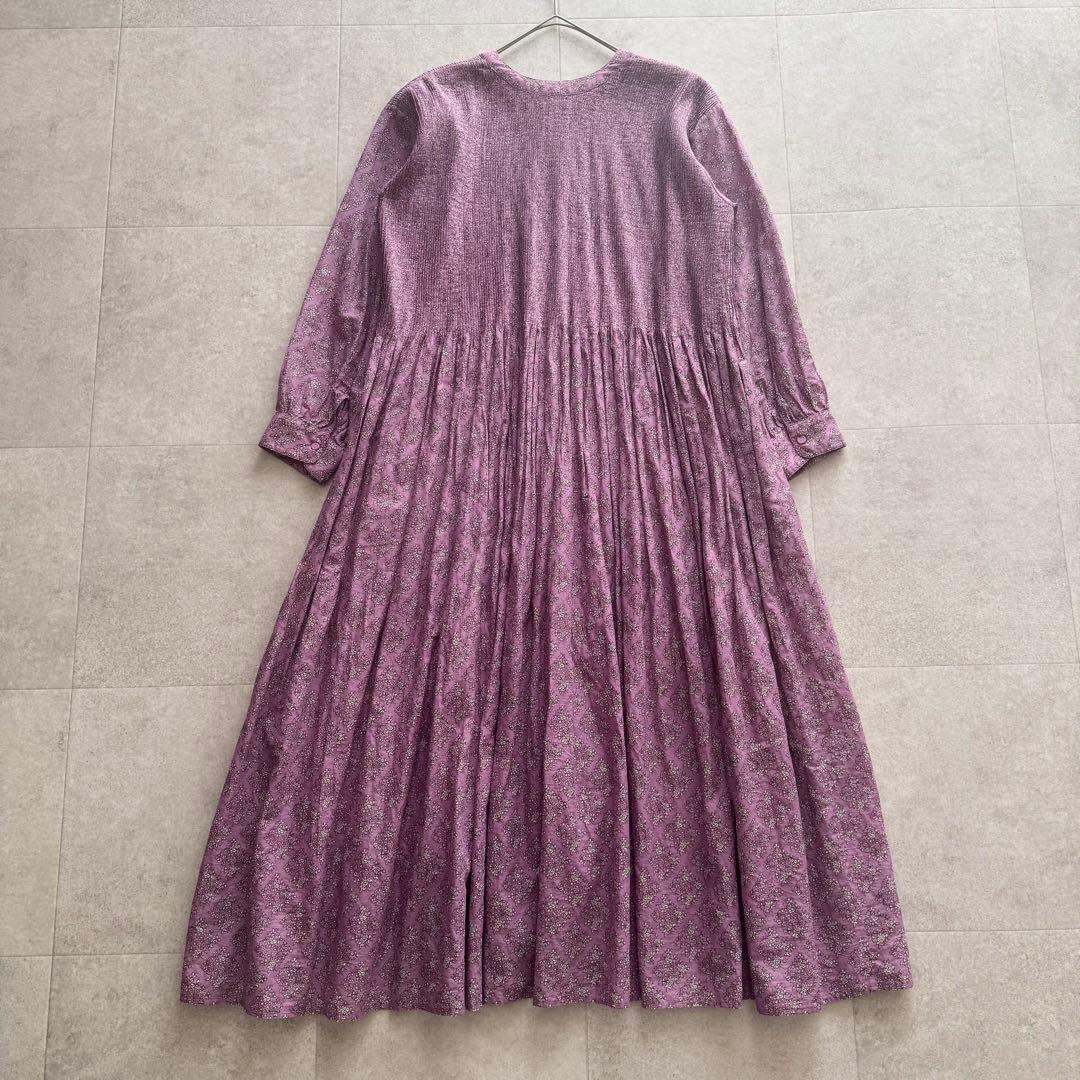 メゾンドソイル　ロングワンピース　ピンタック　花柄　2　Vネック　紫　インド製
