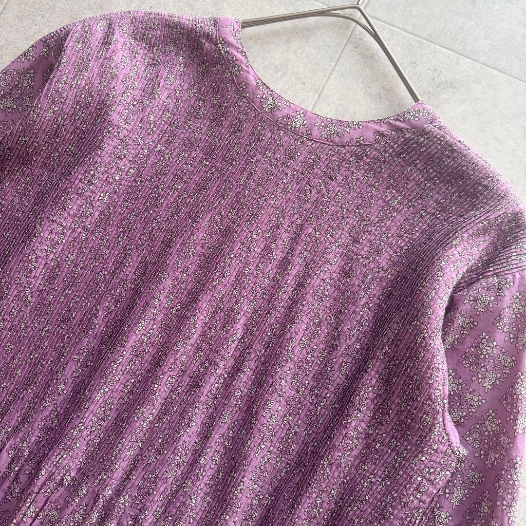 メゾンドソイル　ロングワンピース　ピンタック　花柄　2　Vネック　紫　インド製