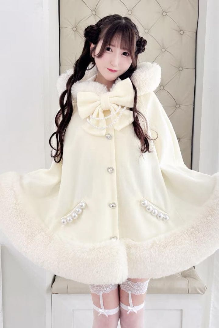 MARS♡リボン付きボリュームファーフードケープコート♡ホワイト