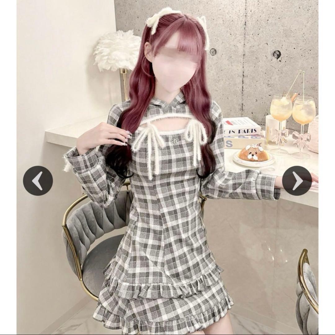 ハニーミュウ honey mew フリルチェックパーカーワンピ　グレー