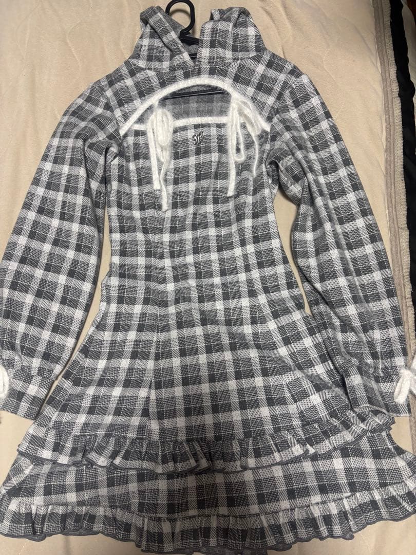 ハニーミュウ honey mew フリルチェックパーカーワンピ　グレー