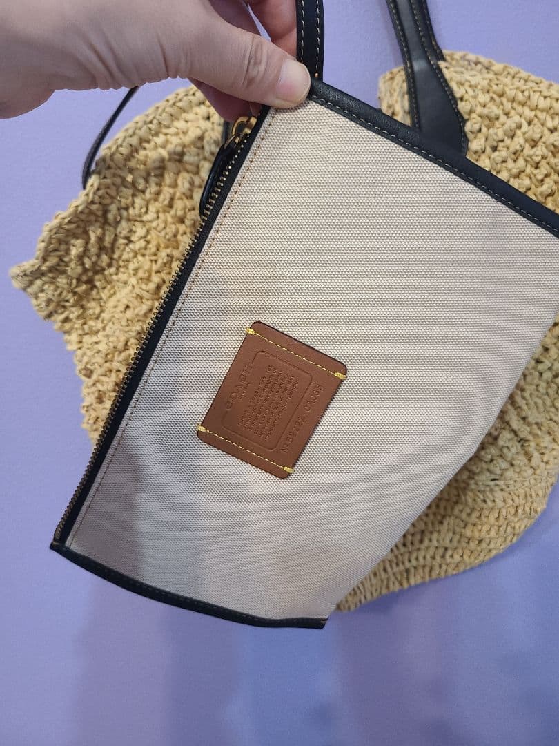 コーチ COACH ストローラージトートバッグカゴバッグ肩掛けポーチ付き天然素材