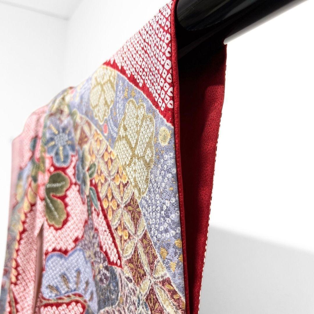 振袖　銀通し　金彩　辻ヶ花　鹿の子　牡丹　花模様　紅白　着物　121b p ms