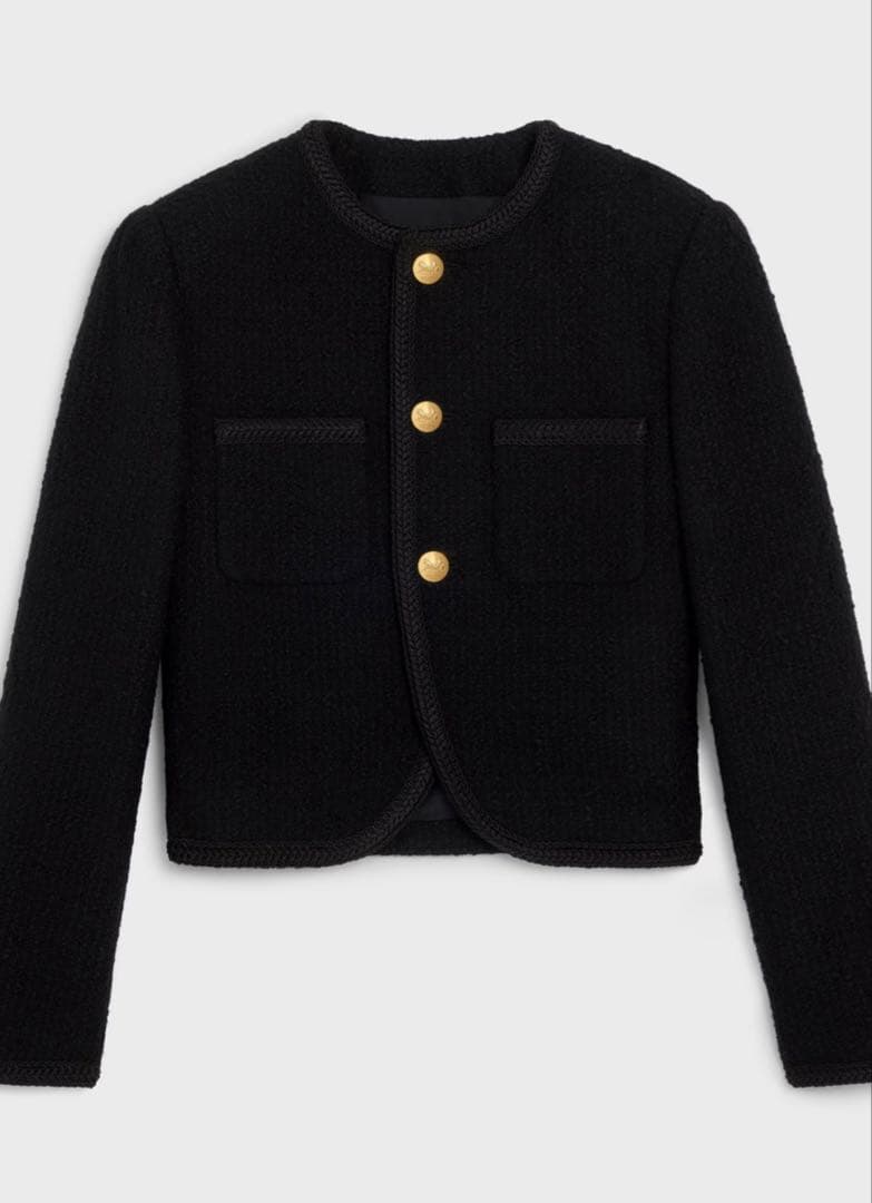 本物新品タグ付きCELINE シャスールジャケット　ノーカラー黒ジャケット