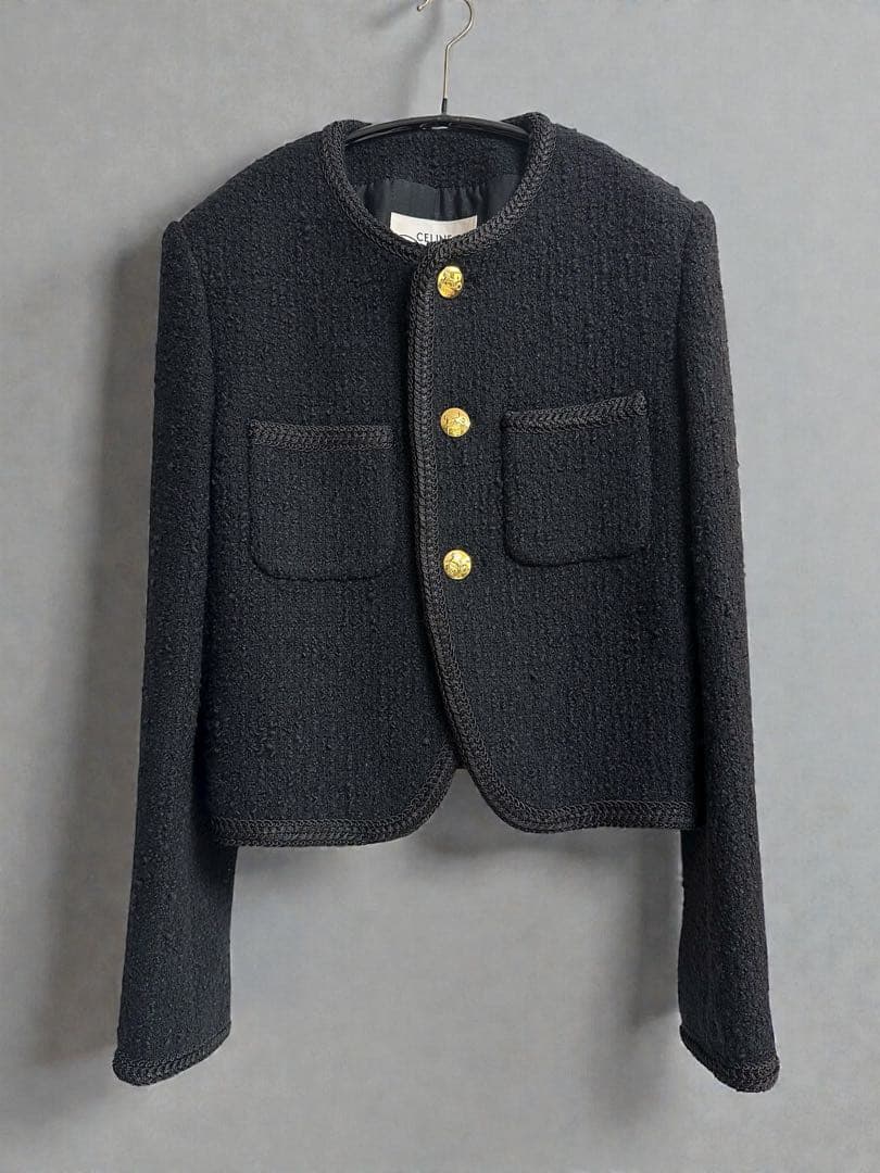 本物新品タグ付きCELINE シャスールジャケット　ノーカラー黒ジャケット