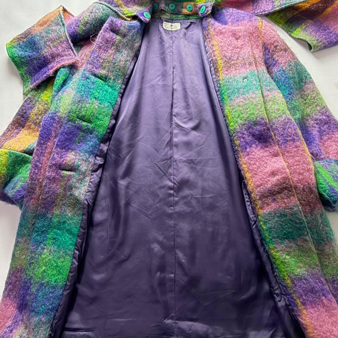 希少品! エムズグレイシー シャギーチェックコート くるみボタン マフラー付