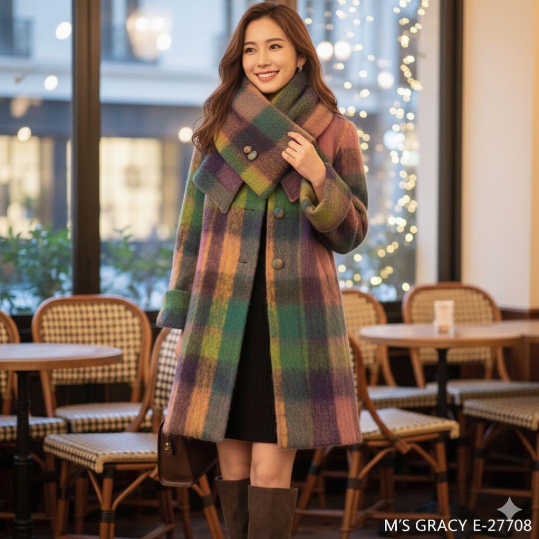 希少品! エムズグレイシー シャギーチェックコート くるみボタン マフラー付