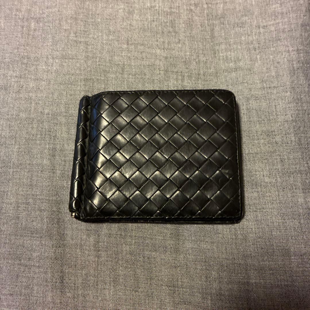 ボッテガベネタ、ブラックレザー マネークリップ 編み込みデザイン