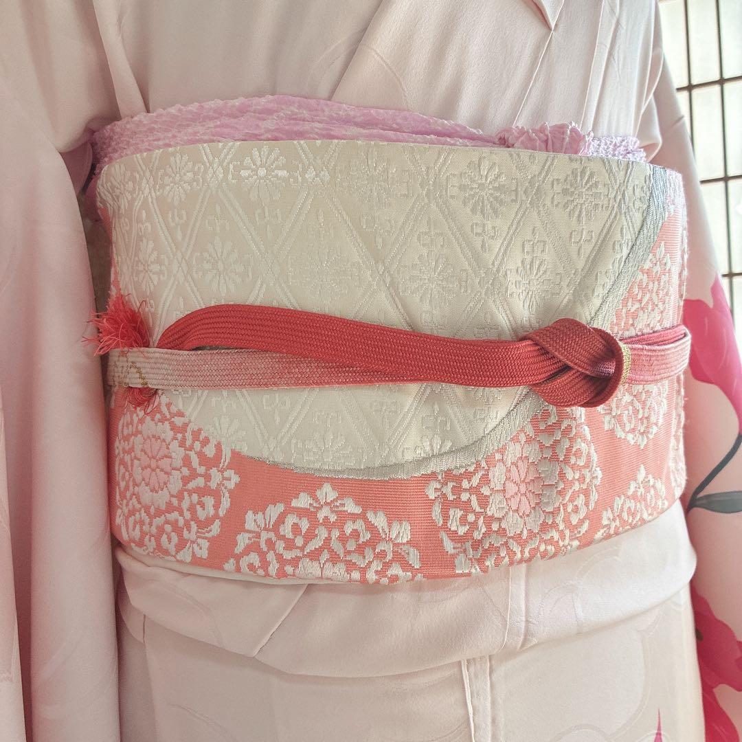 訪問着　フルセット　着物　正絹　ピンク　鮮やか華　百合　しつけ糸付き　J10