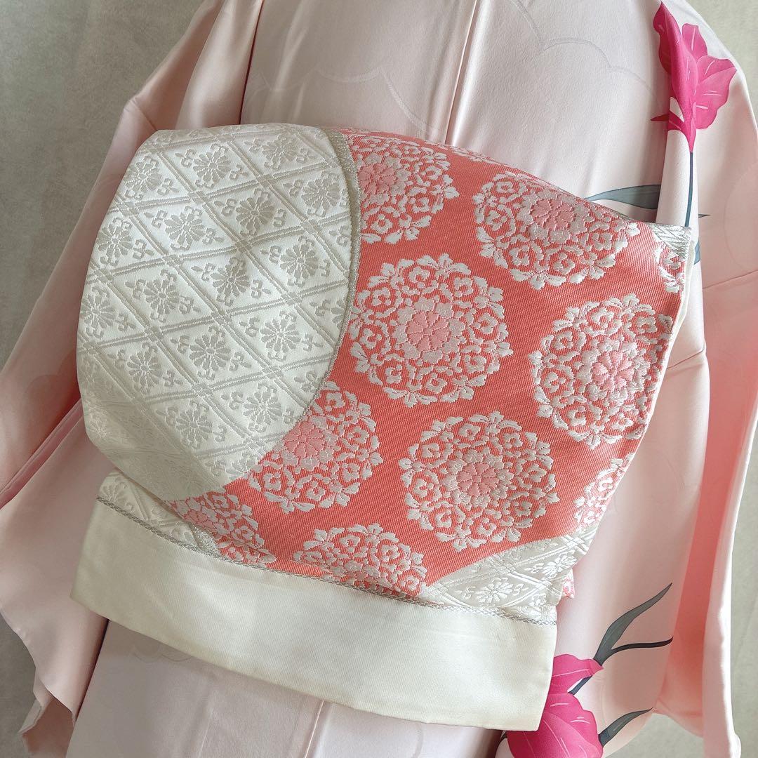 訪問着　フルセット　着物　正絹　ピンク　鮮やか華　百合　しつけ糸付き　J10