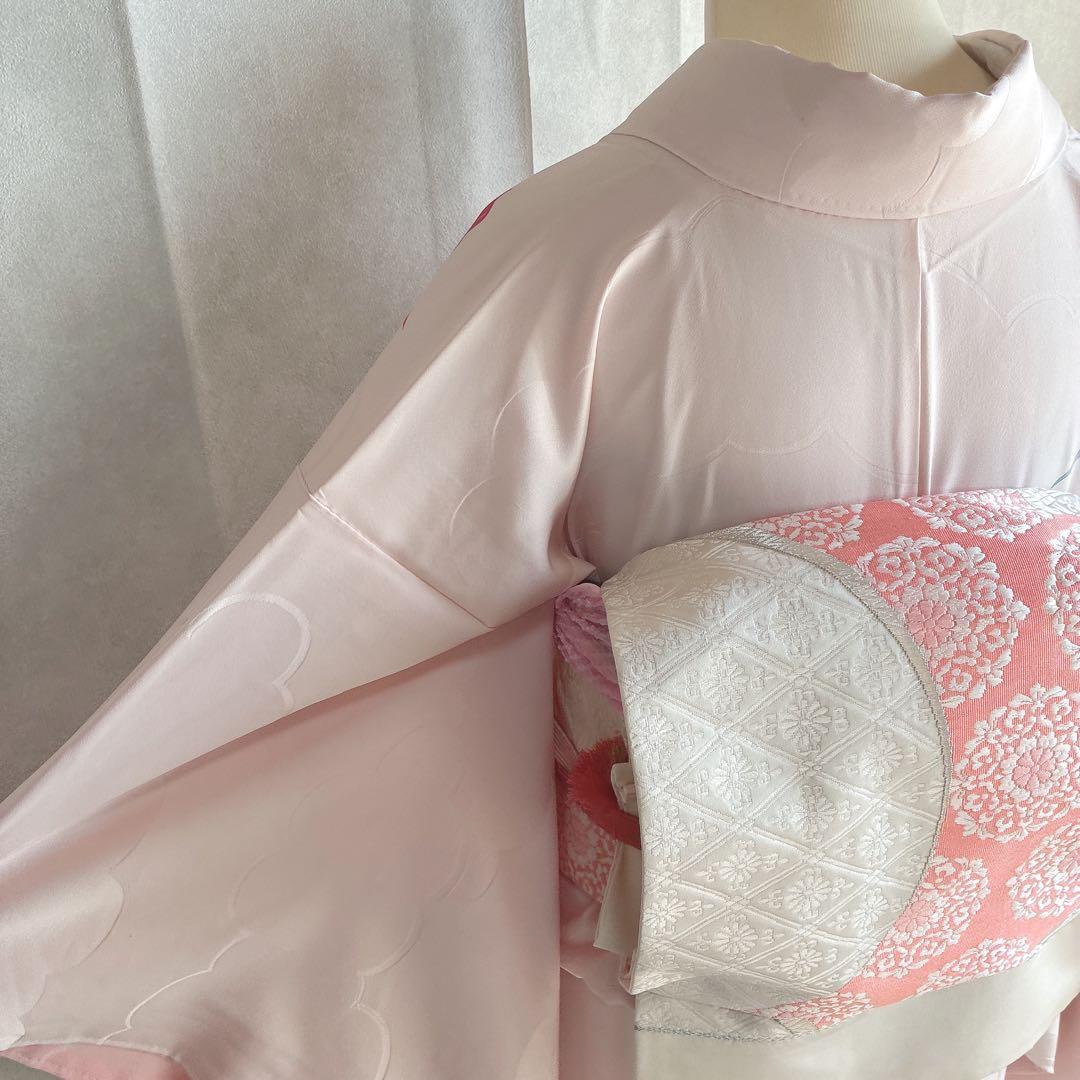 訪問着　フルセット　着物　正絹　ピンク　鮮やか華　百合　しつけ糸付き　J10