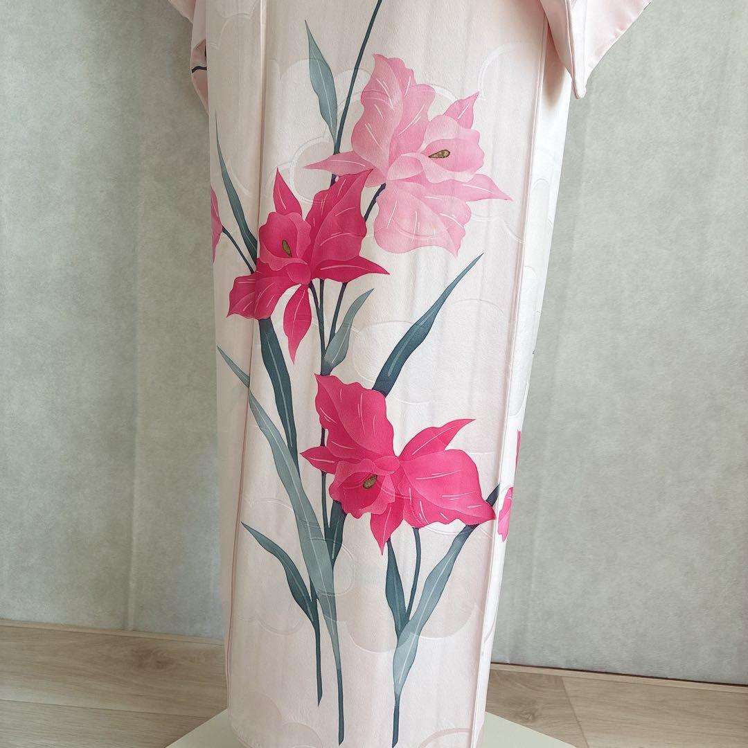 訪問着　フルセット　着物　正絹　ピンク　鮮やか華　百合　しつけ糸付き　J10