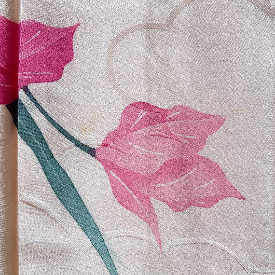 訪問着　フルセット　着物　正絹　ピンク　鮮やか華　百合　しつけ糸付き　J10