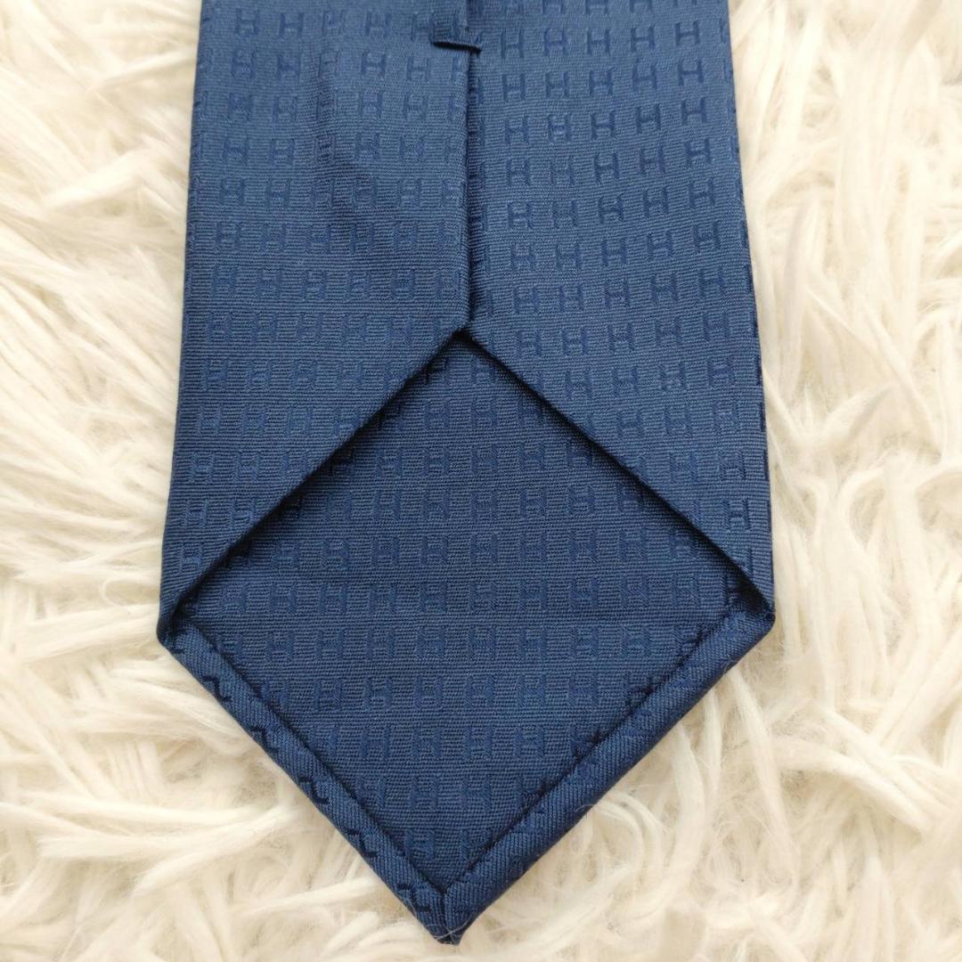【美品】 エルメス 高級シルクネクタイ ファソネ柄 ネイビーブルー