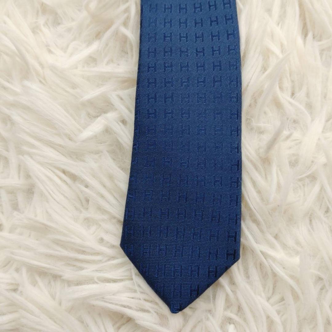【美品】 エルメス 高級シルクネクタイ ファソネ柄 ネイビーブルー