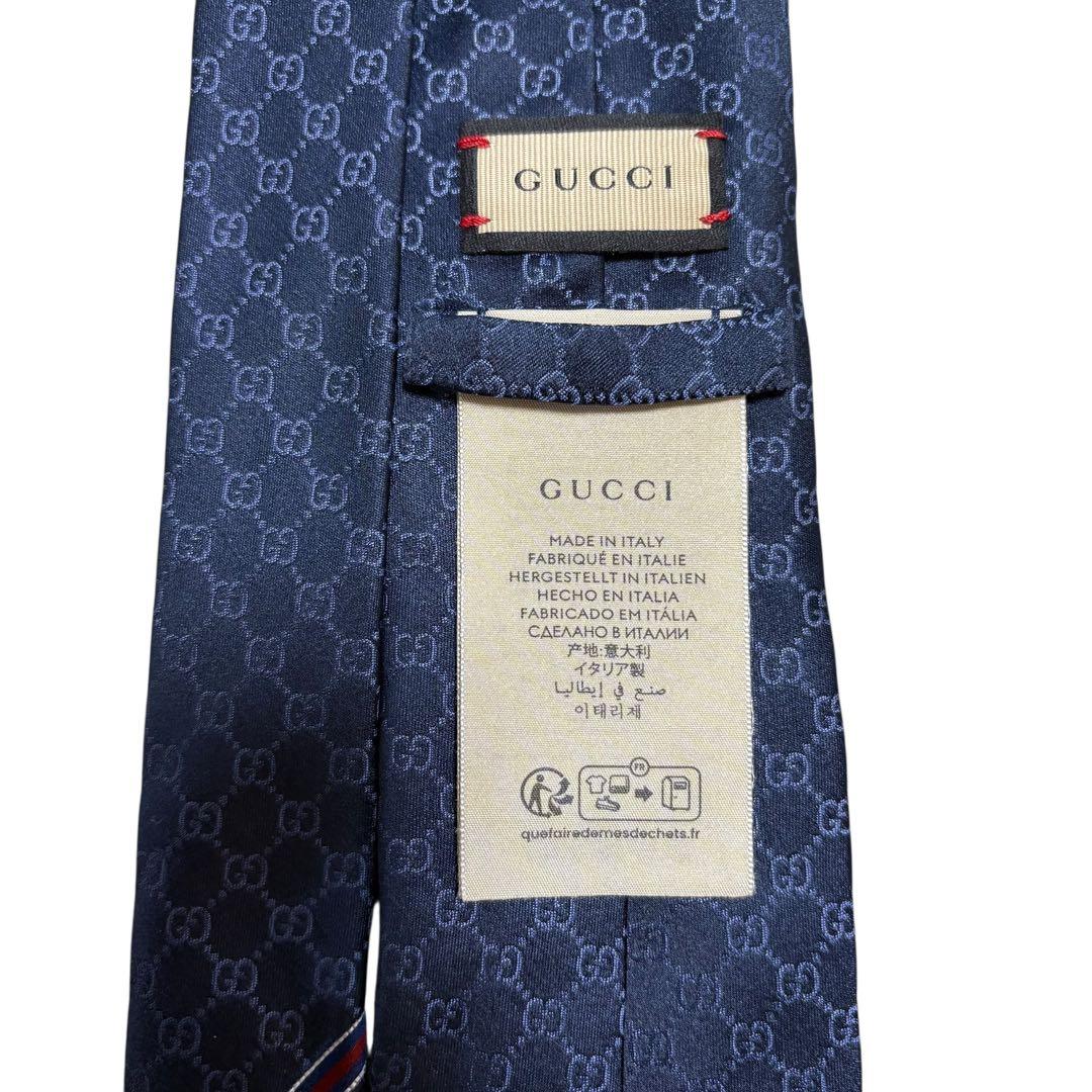 極美品　GUCCI メンズ シルクタイ GGパターン ネイビー 光沢 高級