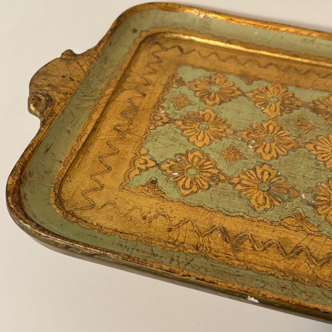 【イタリア】木製 トレイ フロレンタイン パステルグリーン長方形 取手付き 金彩