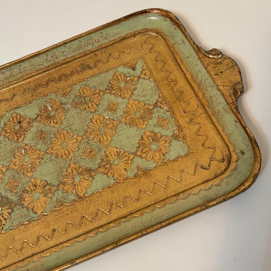 【イタリア】木製 トレイ フロレンタイン パステルグリーン長方形 取手付き 金彩