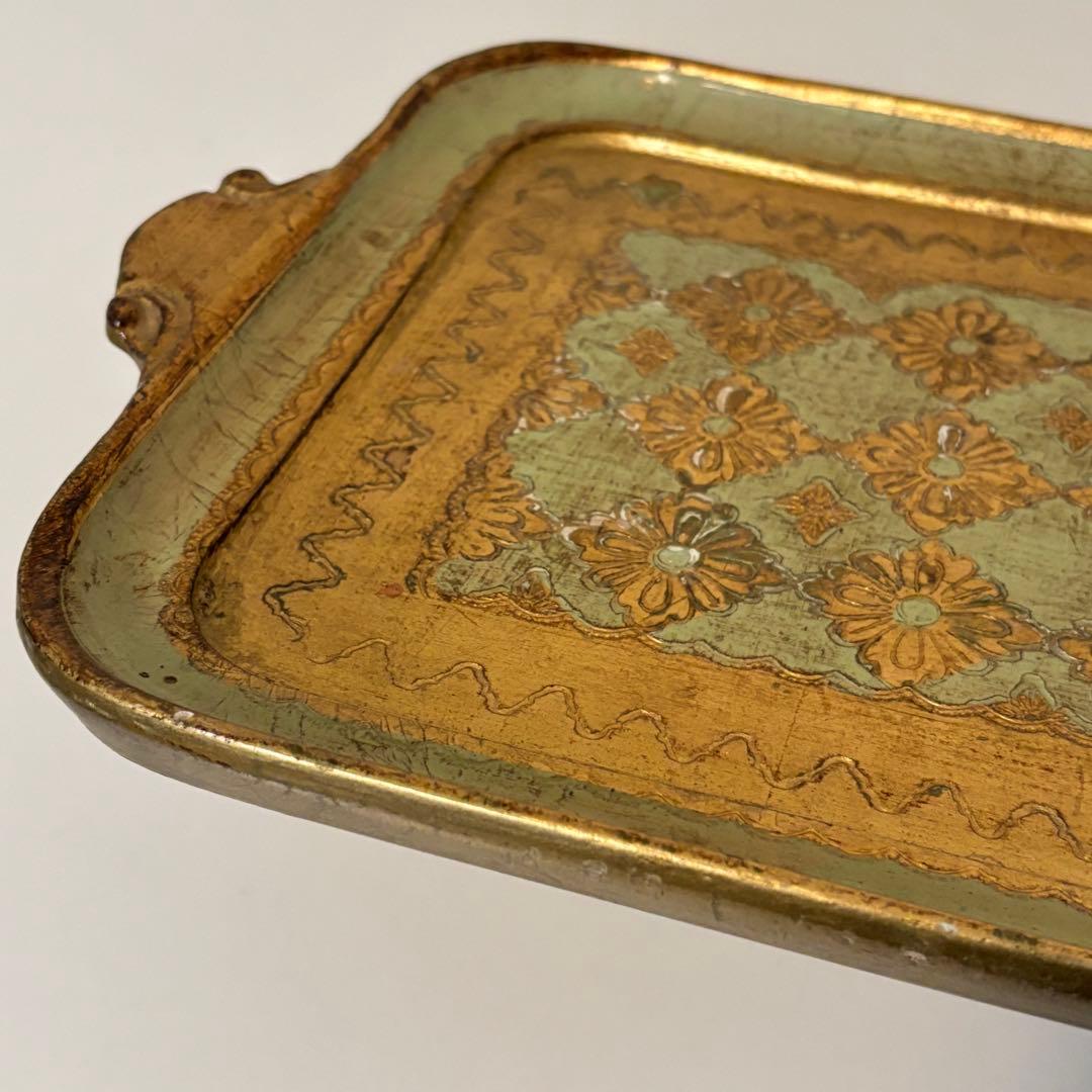 【イタリア】木製 トレイ フロレンタイン パステルグリーン長方形 取手付き 金彩