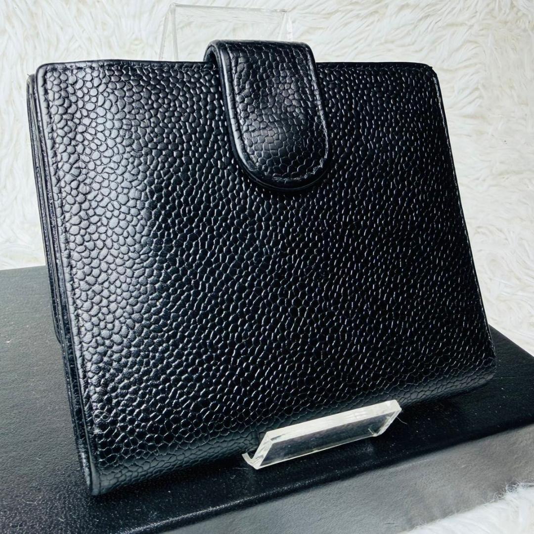 セール！CHANEL 二つ折り財布 ココマーク キャビアスキン レザー Wホック