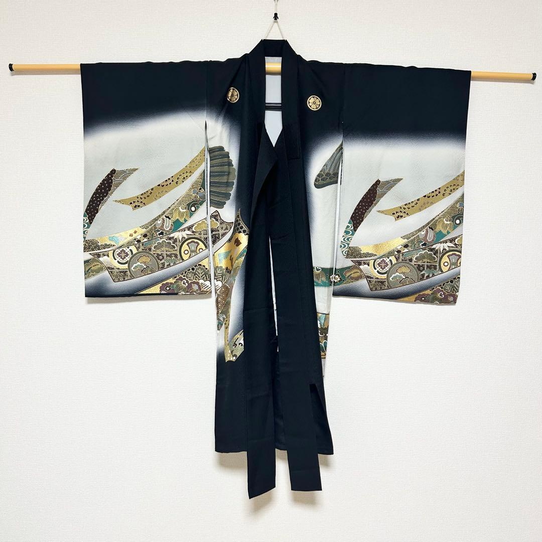 着物　お宮参り　産着　祝着　黒　鷹　吉祥柄　五つ紋　男の子　襦袢付き