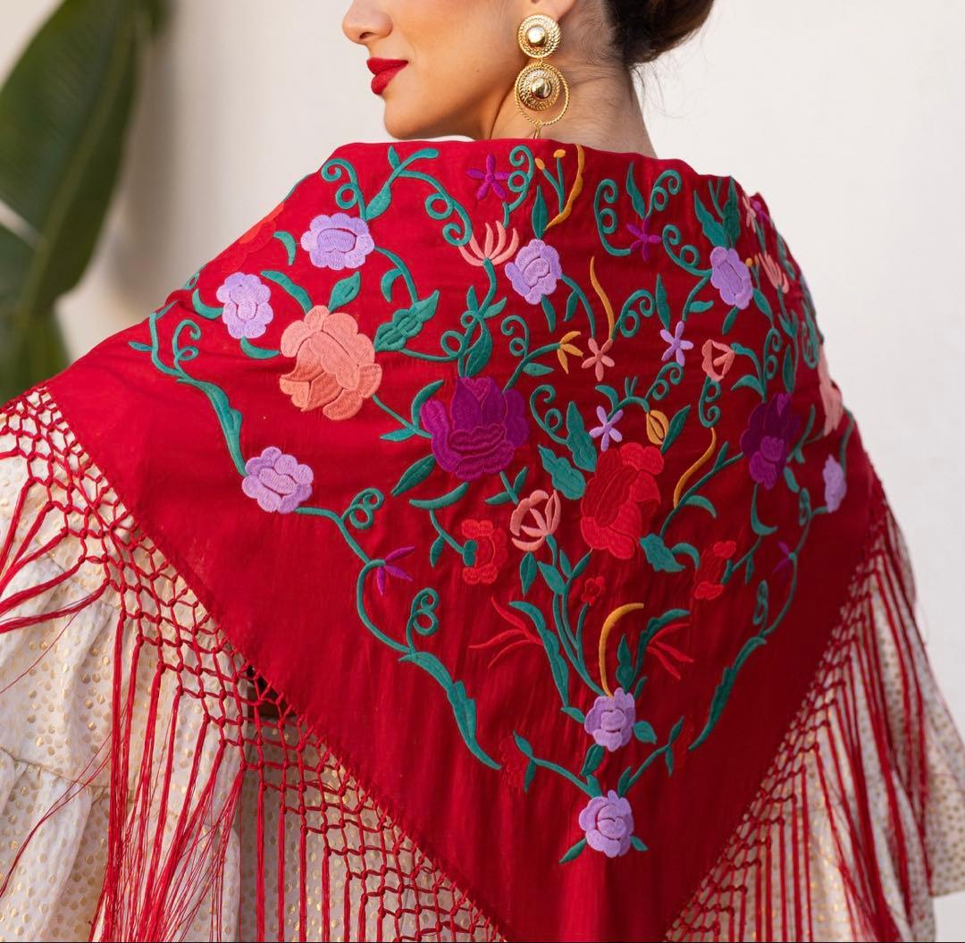 フラメンコ　刺繍シージョ　レッドxマルチカラー花柄刺繍　レッドフレコ