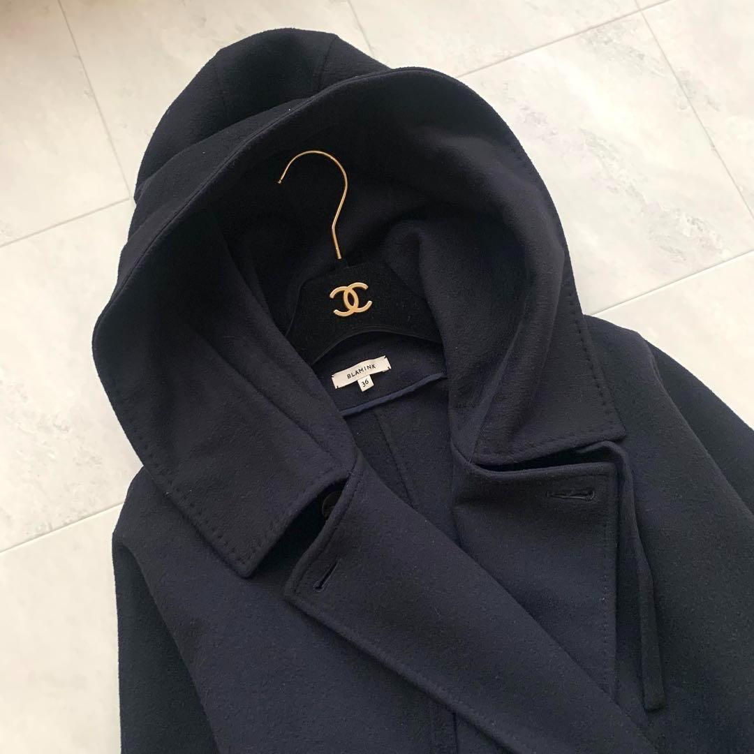 美品♡ブラミンク フード ポンチョ コート ロング ウール ネイビー 36