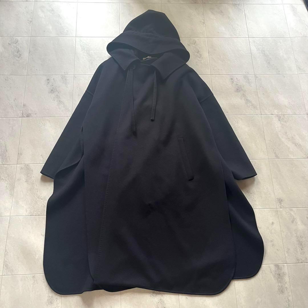 美品♡ブラミンク フード ポンチョ コート ロング ウール ネイビー 36